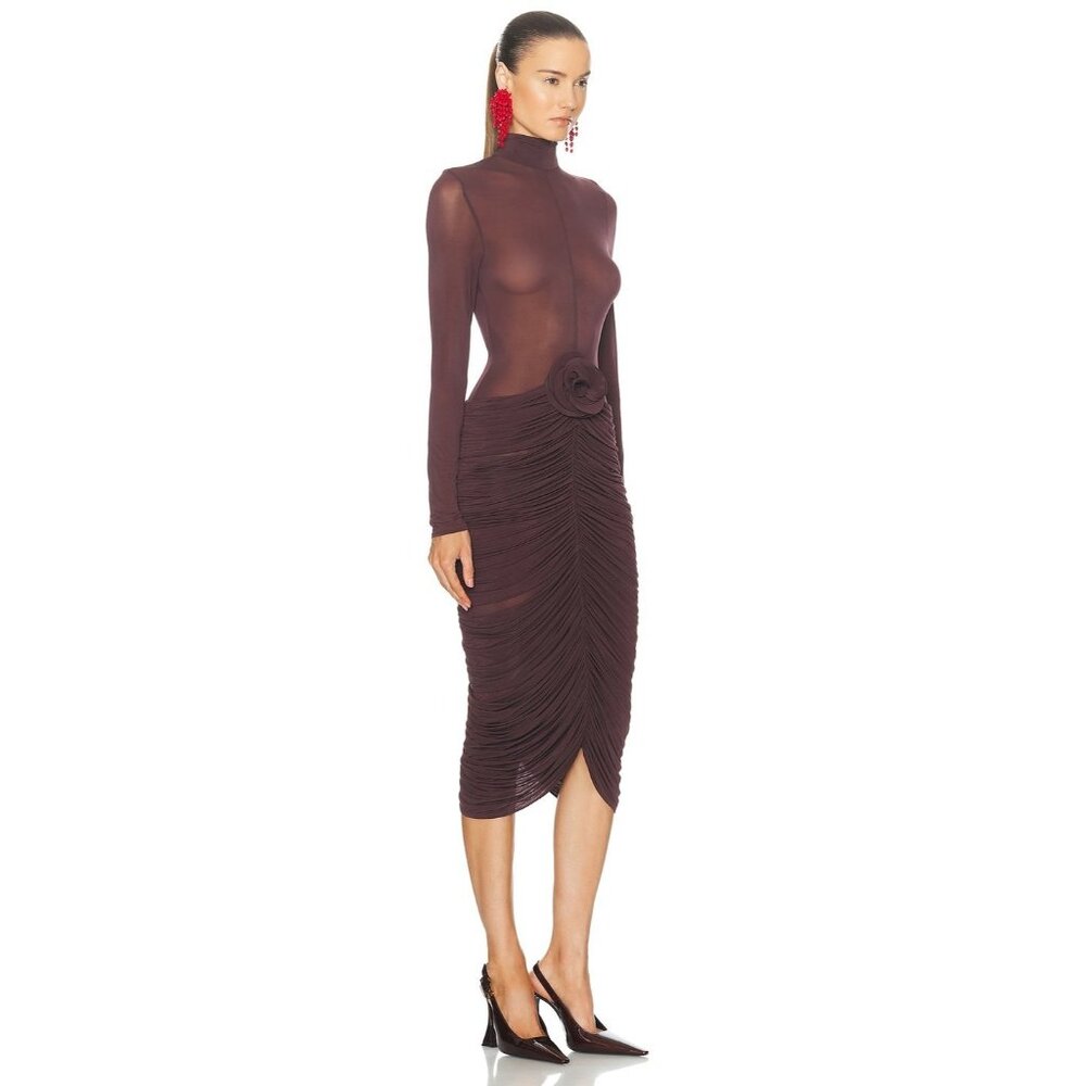 Magda Butrym Long Sleeve Sheer Midi Dress in Burgundy - Picture 2 of 3